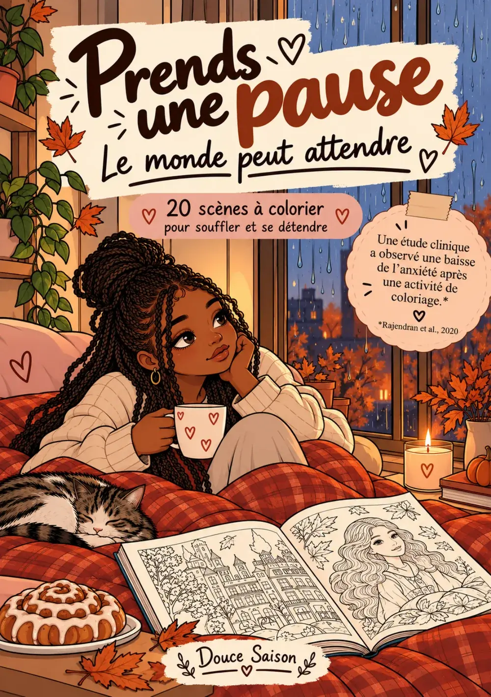Couverture du carnet « Prends une pause — Le monde peut attendre » : une jeune femme rêveuse sous un plaid, une tasse à la main, un chat endormi à ses côtés.