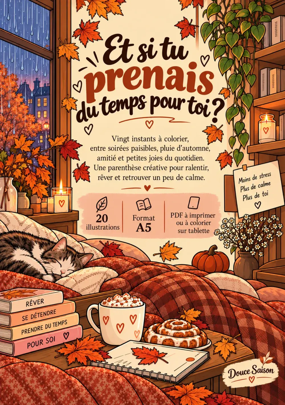 Dos du carnet : « Et si tu prenais du temps pour toi ? », 20 illustrations, format A5, PDF à imprimer ou à colorier sur tablette.